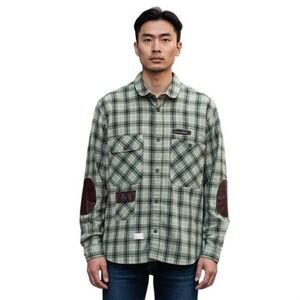 Marshall Artist Green Plaid Pleather Elbow Patch Long Sleeve Button Down - XL